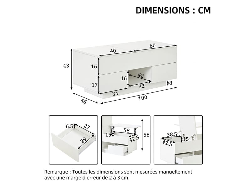  Table basse relevable avec éclairage led 100x45x43cm - table de salon blanche haute brillance rangement caché  - Conforama C