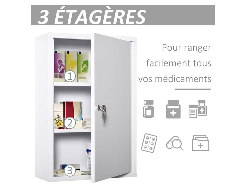  Armoire à pharmacie 2 étagères verrouillable en métal blanc 40 x 18 x 60 cm  - Conforama E