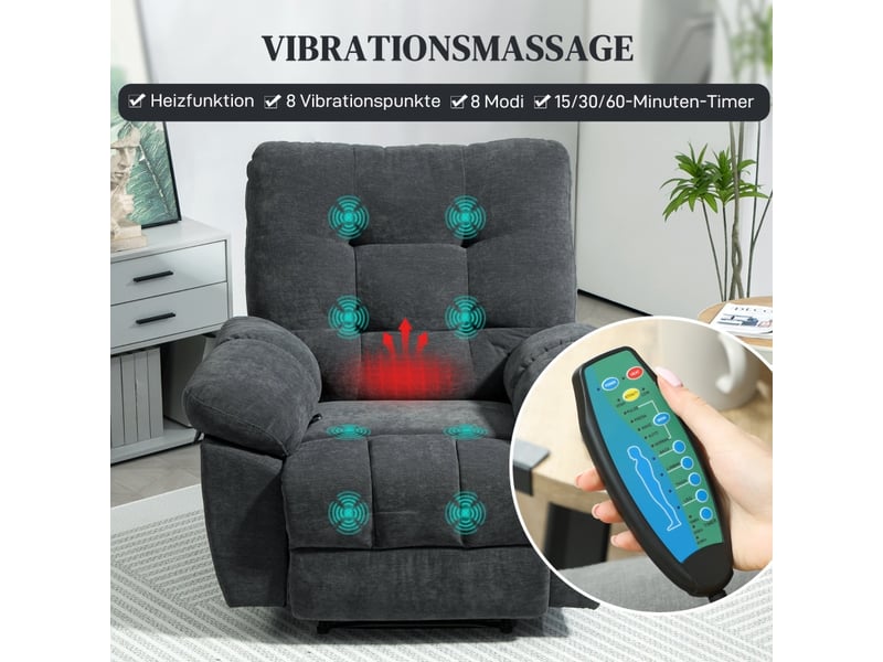 Fauteuil relax massant avec 8 points de vibration, inclinable à 150°, repose-pieds réglable pour salon - Conforama D