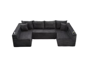 Canapé modulable en u modenvie 6 places gris foncé en velours côtelé avec porte-gobelets et poches latérales 320 x 155 x 88 cm