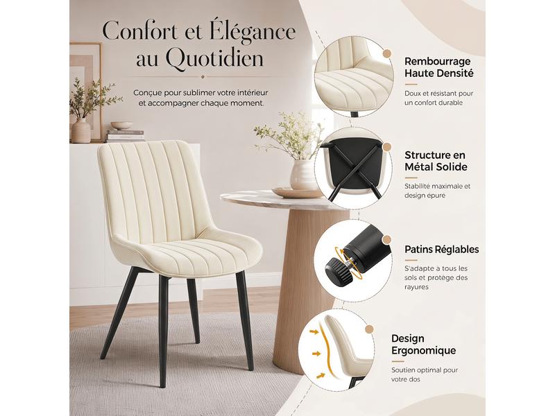 Havenlyhome lot de 4 chaises de salle à manger assise en velours assise rembourrée dossier ergonomique beige chaises - Conforama D