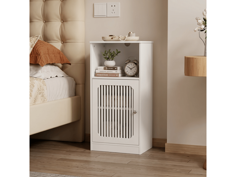  Meuble de salle de bain bas avec portes à lattes, plusieurs niveaux de rangement et structure autoportante, blanc  - Conforama D