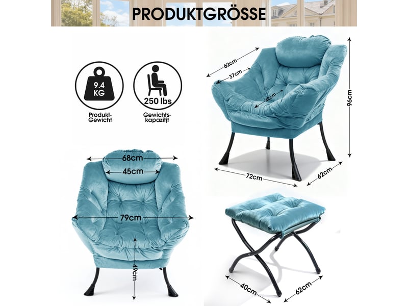  Fauteuil lounge avec repose-pieds 72x62x96cm – fauteuil relax de salon avec poche latérale et structure en métal – tissu velours - bleu  - Conforama C