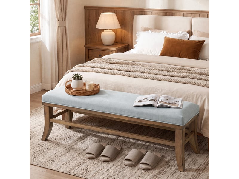  Banc en bois massif de 55 po avec coussin, banc de chambre rembourré, pieds en pin massif, banc moderne rembourré pour bout de lit ou entrée, couloir et salon  - Conforama D