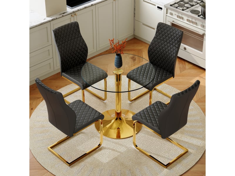  Table ronde en verre trempé ø85 cm, socle doré, 4 chaises noires et dorées  - Conforama D