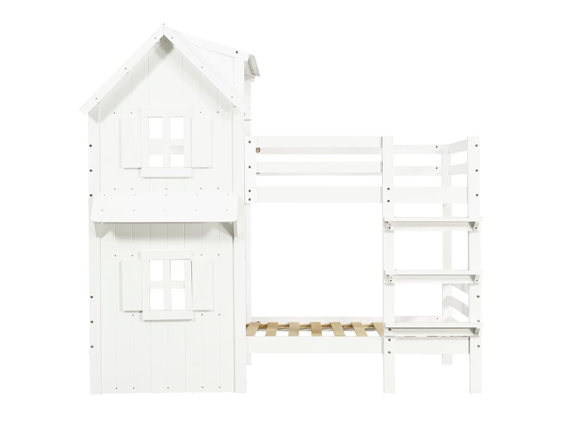 Lit superposé enfant 90x200 cm – blanc – toit à fenêtres, échelle 3 marches, barrières latérales, sans matelas - Conforama D