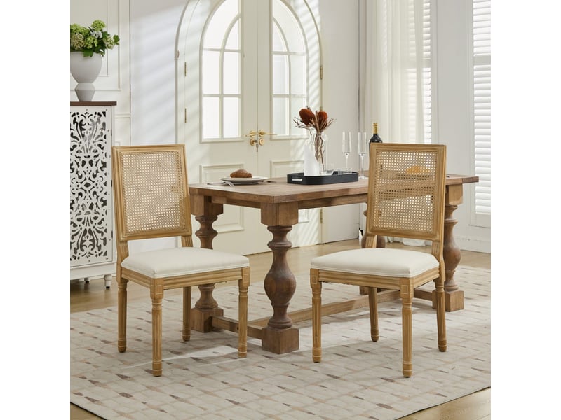  Lot de 2 chaises de salle à manger 50x53x98.5cm – avec dossier carré en rotin et châssis en bois massif – lin - beige  - Conforama D