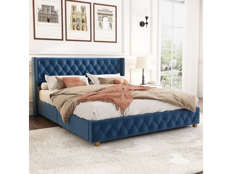  Lit 160x200 cm velours bleu – tête capitonnée, sommier à lattes et pieds bois  - Conforama E