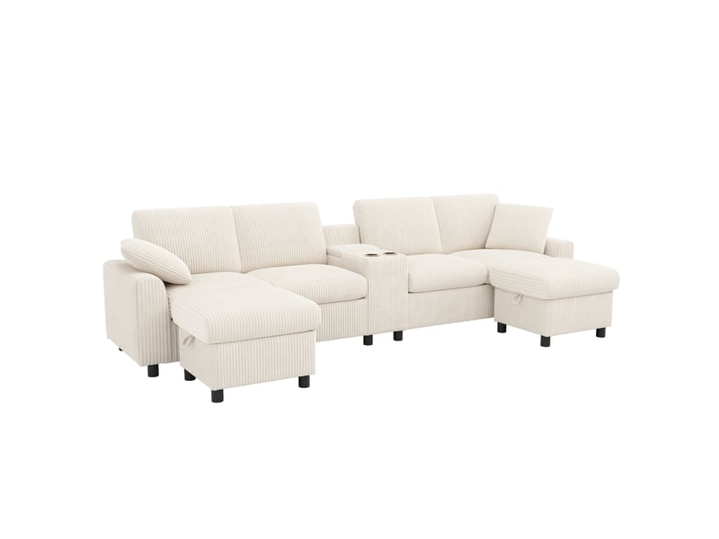  Canapé u lora beige en velours côtelé avec 2 poufs coffre, table, usb, prises et ports type-c  - Conforama B