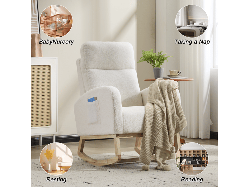  Fauteuil à bascule - fauteuil berçant d'allaitement moderne à dossier haut en polaire douce, 75 x 63 x 104 cm, blanc  - Conforama W