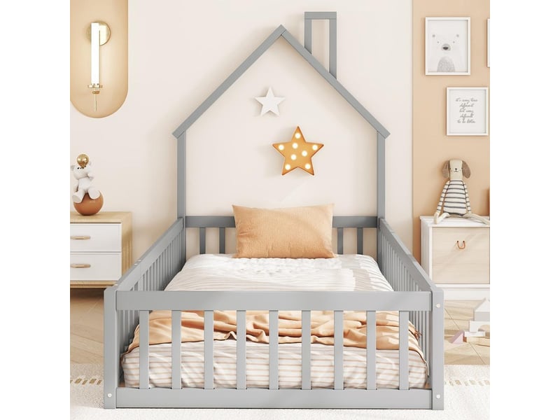 Lit enfant 90x200cm, lit cabane bois forme cheminée, barrières sécurité, sommier lattes, gris - Conforama E