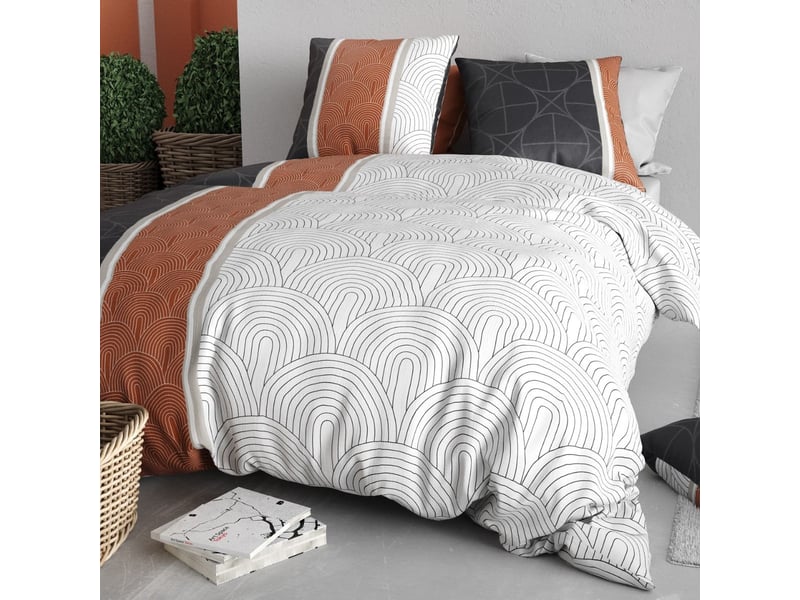  Parure housse de couette 240x220cm + 2 taies motif feuillage graphique bleu et rouge 100% coton - cosmia COSMIA - Conforama B