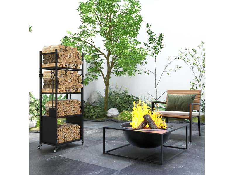 Porte-bûches à roulettes 4 niveaux, métal noir avec 4 outils, 45 x 30 x 118 cm - Conforama C