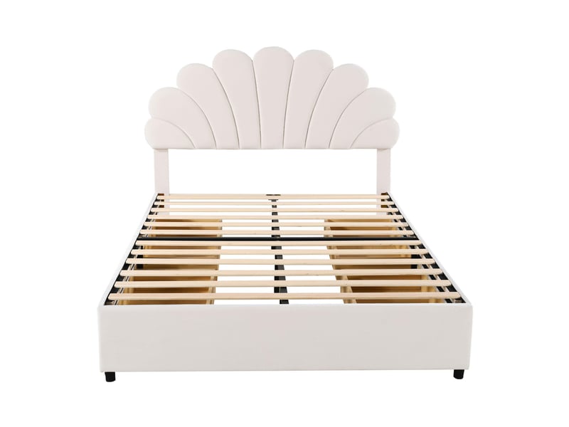 Lit double 140x200 cm en velours beige, tête de lit fleurie, rangements et sommier à lattes - Conforama A