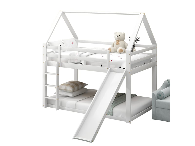 Lit superposé enfant maison 90x200 cm, toboggan et échelle, bois coloris blanc, sans matelas  - Conforama A