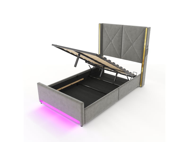  Lit rembourré en velours led usb 90x200 cm avec rangement hydraulique intégré  - Conforama D