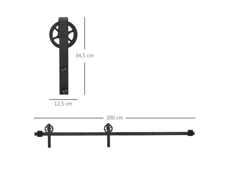  Kit de ferrure pour porte coulissante 200 cm en acier carbone noir avec rail, roulettes, butées, guide au sol et vis, système complet intérieur  - Conforama E