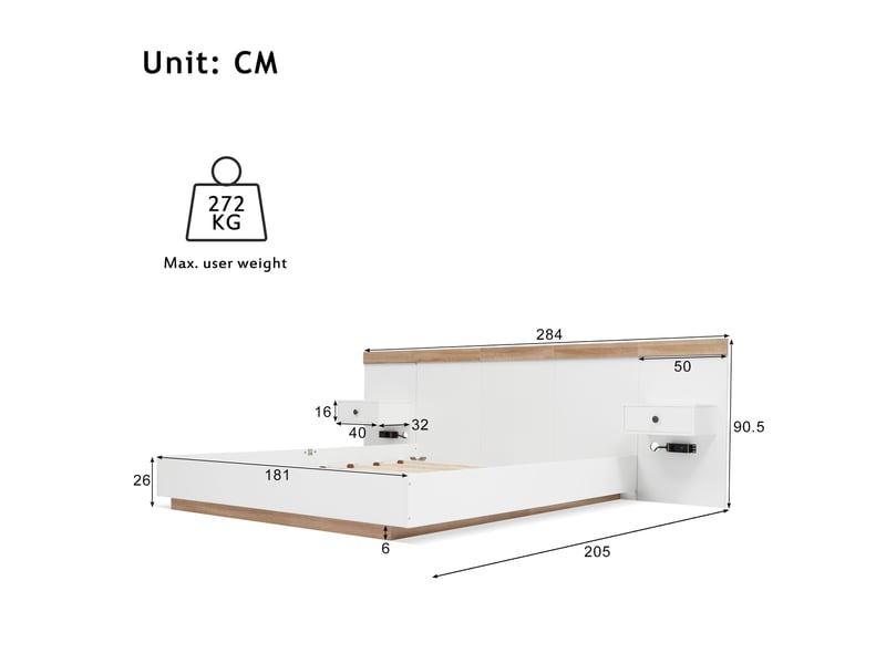  Ensemble lit double 180x200 cm chêne sonoma blanc 2 chevets led ports usb sans matelas  - Conforama C