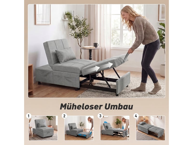  Fauteuil convertible 4 en 1 avec roulettes tissu gris clair 65,5 x 104 x 81 cm  - Conforama D