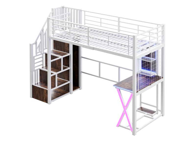 Lit mezzanine blanc 90x200 cm avec led, bureau, armoire, étagères et échelle rangement - Conforama D