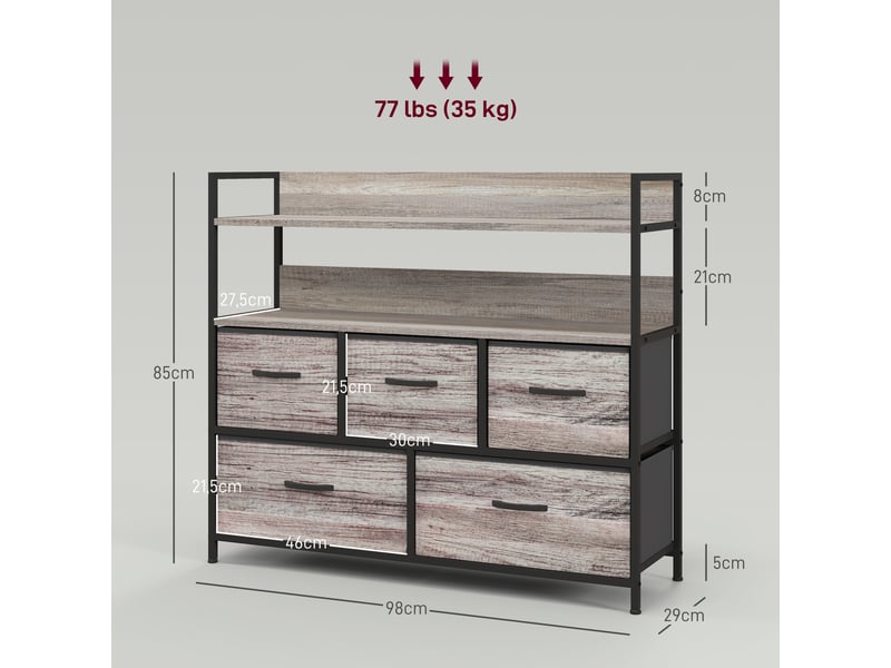  Meuble de rangement style industriel commode 98l x 29p x 85h cm 5 tiroirs en tissu pliables et amovibles et étagères -  - Conforama C