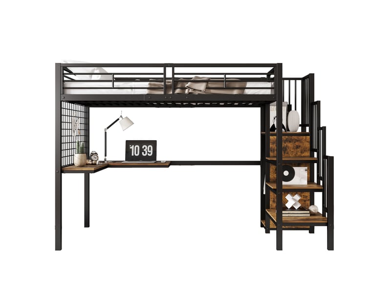  Lit mezzanine 90 x 200 cm avec bureau, armoire et escalier latéral noir bois foncé  - Conforama A