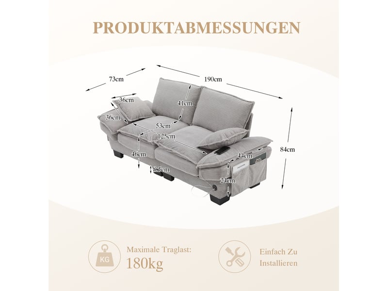 Canapé droit fixe 2 places modulable en velours côtelé gris clair avec usb-c et poches latérales, pour le salon - Conforama C