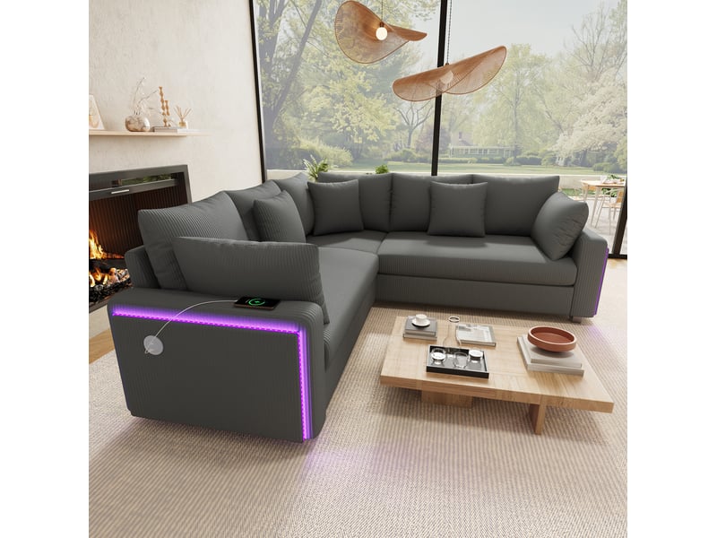 Canapé d'angle tcqpz en l 198 x 198 cm 5 places avec led et ports usb usb-c velours côtelé gris - Conforama B