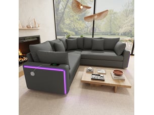 Canapé d'angle tcqpz en l 198 x 198 cm 5 places avec led et ports usb usb-c velours côtelé gris
