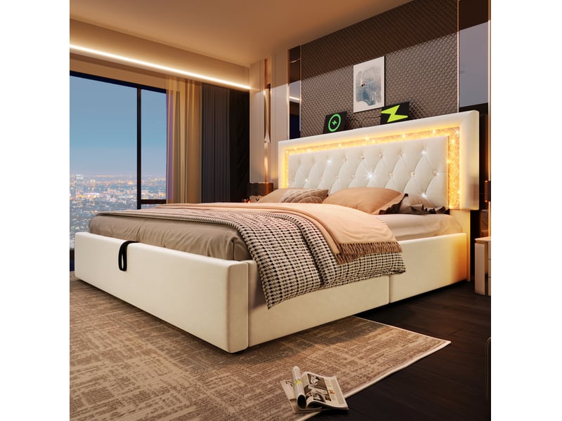 Lit coffre 160x200 avec led, usb et type-c avec matelas cravdom - Conforama D