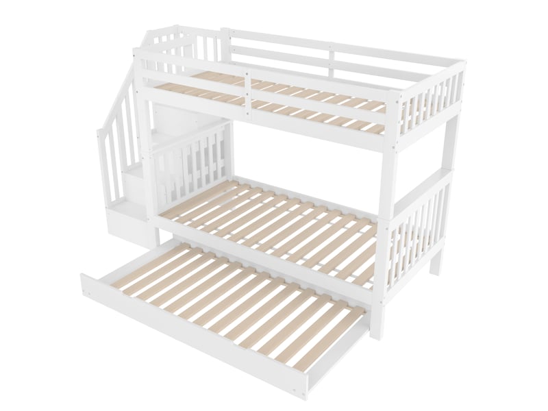 Lit superposé enfant blanc 90x200 cm avec escalier de rangement et lit gigogne, pour chambre enfant, sans matelas - Conforama A