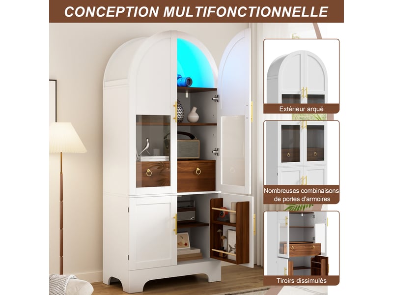  Vitrine haute 76x40x180 cm, éclairage led, portes vitrées, tiroir, design arqué, finition brillante pour salon et séjour - blanc  - Conforama B