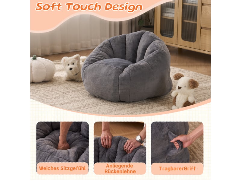 Pouf poire enfant 75x70x52 cm en peluche douce, rembourrage mousse, forme ergonomique courbée, fauteuil confortable pour lecture et jeux, gris clair - Conforama D