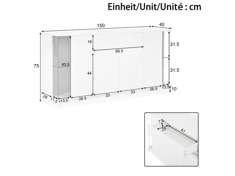  Buffet bas 150x40x75 cm avec vitrines en verre, éclairage led, panneau de particules, coloris blanc haute brillance  - Conforama C