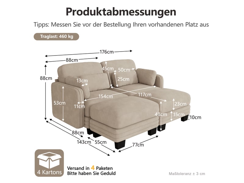  Canapé modulable 2 places modenvie en tissu chenille, forme en u, 2 poufs, 176 x 143 x 88 cm, marron clair  - Conforama C