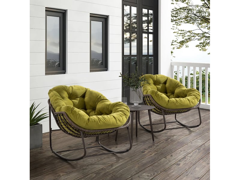  Fauteuil à bascule extérieur en résine tressée vert olive avec coussin, structure acier et mouvement doux  - Conforama E