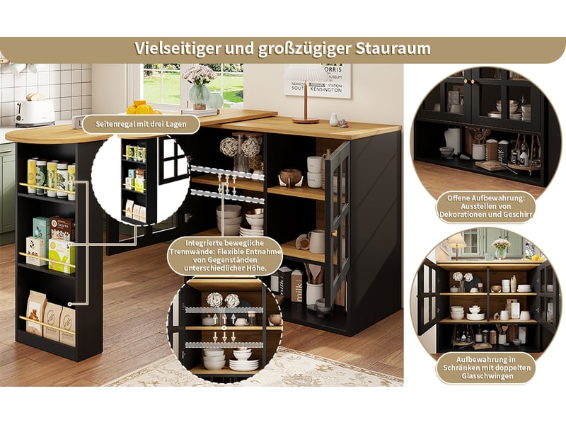  Ilot cuisine, buffet de cuisine avec rangements intégrés, plateau extensible, pivotant à 360°, dimensions 138 à 204 x 39 x 102,5 cm, mdf, noir  - Conforama E