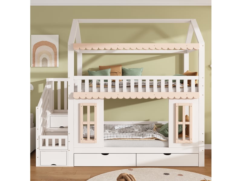 Lit superposé enfant cabane avec escalier de rangement et 2 tiroirs blanc et naturel 90 x 200 cm - Conforama C