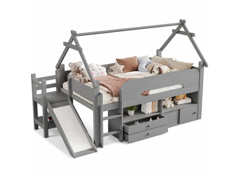  Lit mezzanine enfant 90 x 200 cm gris avec toboggan, rangements et cadre en forme de toit  - Conforama A