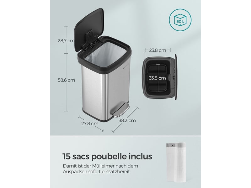  Poubelle à pédale grande capacité 50 l design moderne cuisine 40,4 x 32,1 x 58,5 cm en métal argent 12_0010634  - Conforama B