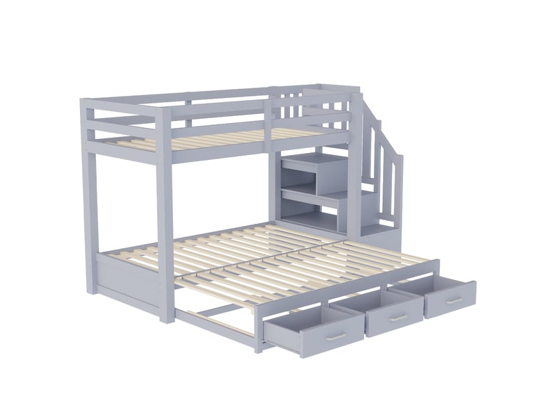 Lit superposé bois gris 90x200 cm, lit gigogne 90180x190 cm, escalier rangement et tiroirs - Conforama E