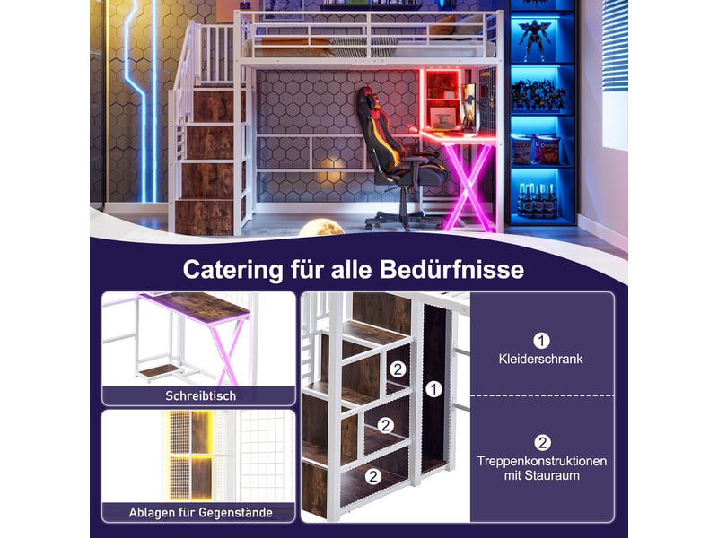 Lit mezzanine 90 x 200 cm avec bureau, armoire, led et escalier avec rangement, lit simple en métal blanc avec étagères et garde-corps - Conforama E