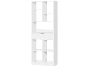 Bibliothèque en bois avec 1 tiroir et 9 compartiments, meuble de rangement pour salon, bureau, bibliothèque, 60 x 26 x 158 cm, blanche