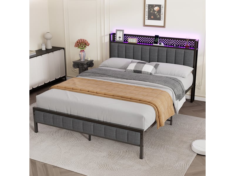  Lit 2 places 140x200 cm avec ports usb, étagère de tête de lit et rangement sous lit, métal noir et tissu  - Conforama D