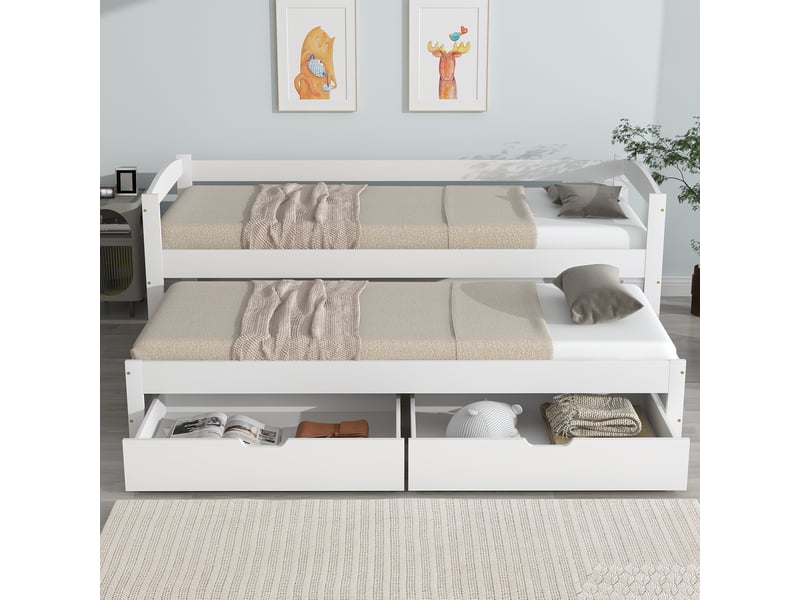  Lit gigogne 90 cmx190200 cm avec 2 tiroirs en mdf, lit simple et double, blanc, cadre de lit en bois massif  - Conforama A