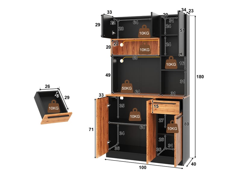  Armoire de cuisine avec éclairage led et prises, 6 portes et 1 tiroir, meuble buffet moderne, 100 × 40 × 180 cm  - Conforama C