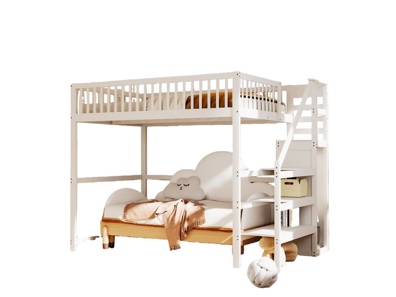 Lit mezzanine - lit enfant 140x200 cm bois blanc avec escalier, rangement et petit dressing intégré, multifonction pour chambre ado ou enfant, couleur blanc - Conforama A