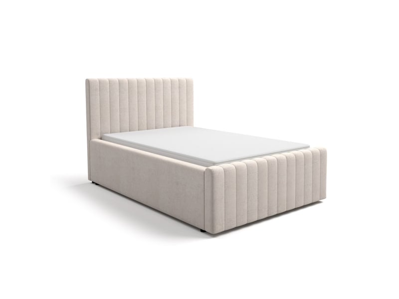 Lit coffre eloria 120x200 en tissu bouclé beige avec tête de lit capitonnée et sommier inclus - Conforama E