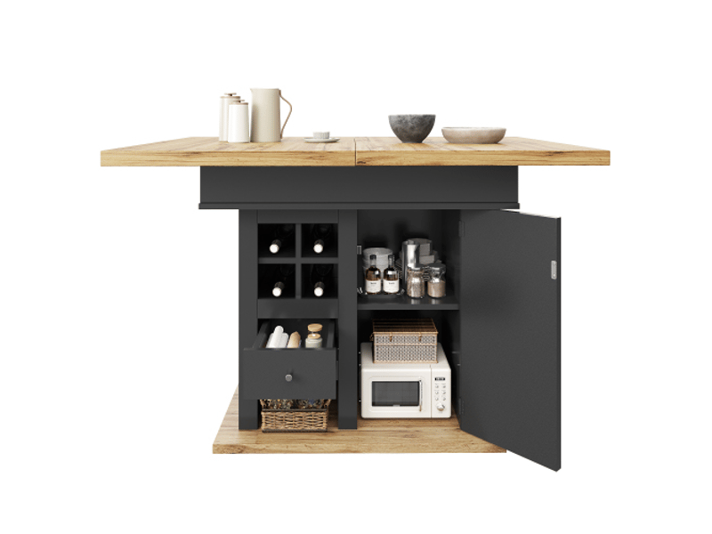 Table à manger extensible 110-140x80 cm avec tiroirs, porte-bouteilles et rangements, idéale pour 4 à 6 personnes - Conforama C