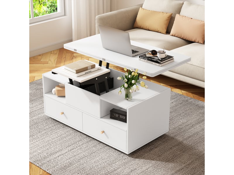  Table basse relevable et extensible blanche avec 4 tiroirs, 100x50 cm  - Conforama E